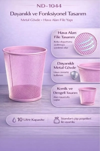 Tam Delikli Metal Fileli Toz Pembe Çöp Kovası - ND-1044